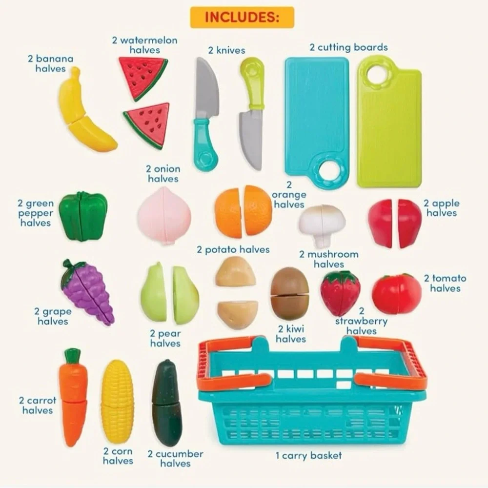37-Piece Toddler Play Food Set Teal Orange Basket Fruits Veggies
